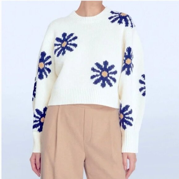 Sandro Sweater Floral Jacquard Ivory Wool Cropped - Picture 1 of 8